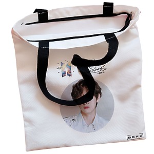 Alternative view of Geanta Canvas Tote pentru femei, model BTS V cu semnatura, 38x34.5 cm, Alba, BEKZ®