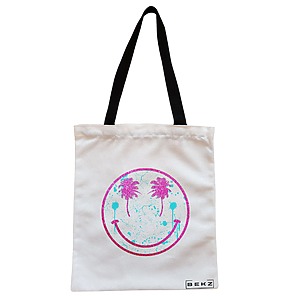 Geanta Canvas Tote pentru femei, model Beach Smile, 38x34.5 cm, Alba, BEKZ®
