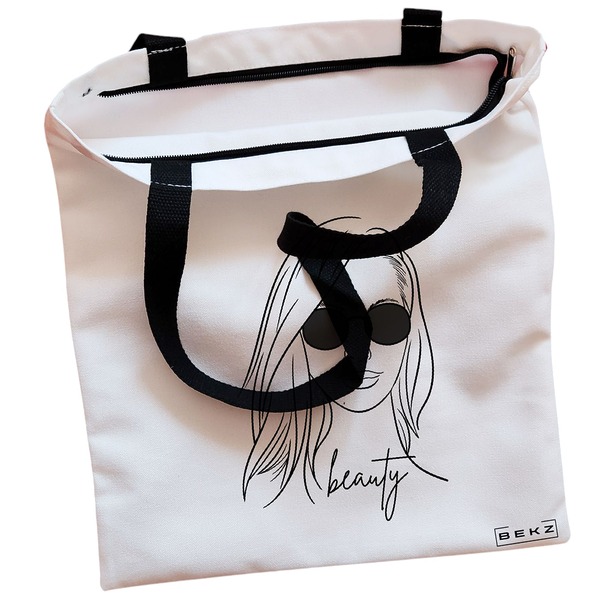 Geanta Canvas Tote pentru femei, model Beauty Girl, 38x34.5 cm, Alba, BEKZ® 2 Geanta Canvas Tote pentru femei model Beauty Girl 38x34.5 cm Alba BEKZ® 1