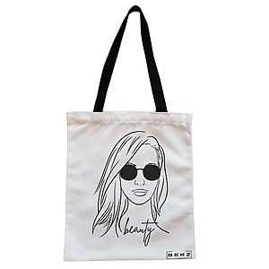 Geanta Canvas Tote pentru femei, model Beauty Girl, 38x34.5 cm, Alba, BEKZ®