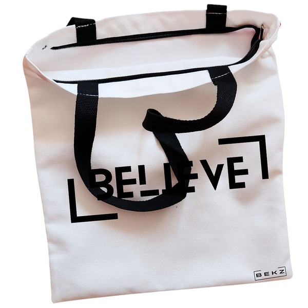 Geanta Canvas Tote pentru femei model Believe 38x34.5 cm Alba BEKZ® 1