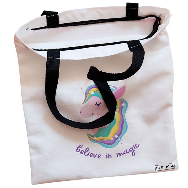 Geanta Canvas Tote pentru femei, model Believe in Magic, 38x34.5 cm, Alba, BEKZ® 2 Geanta Canvas Tote pentru femei model Believe in Magic 38x34.5 cm Alba BEKZ® 1