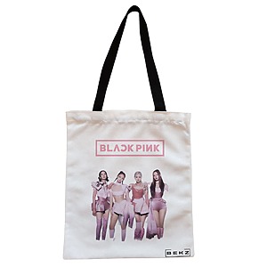 Geanta Canvas Tote pentru femei, model Blackpink 3, 38x34.5 cm, Alba, BEKZ®