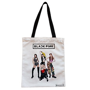 Geanta Canvas Tote pentru femei, model Blackpink 5, 38x34.5 cm, Alba, BEKZ®