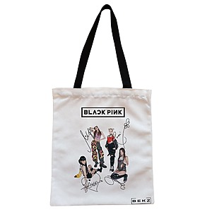 Geanta Canvas Tote pentru femei, model Blackpink 6 cu semnaturii, 38x34.5 cm, Alba, BEKZ®