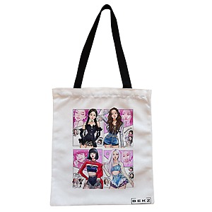 Geanta Canvas Tote pentru femei, model Blackpink 7, 38x34.5 cm, Alba, BEKZ®