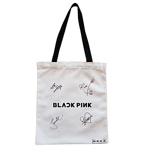 Geanta Canvas Tote pentru femei, model Blackpink 8 cu semnaturii, 38x34.5 cm, Alba, BEKZ®
