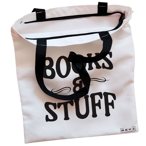 Geanta Canvas Tote pentru femei, model Books and Stuff, 38x34.5 cm, Alba, BEKZ® 2 Geanta Canvas Tote pentru femei model Books and Stuff 38x34.5 cm Alba BEKZ® 1