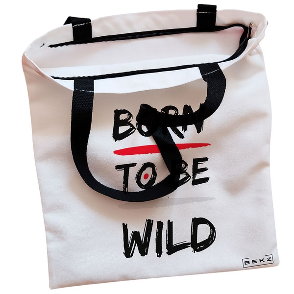 Geanta Canvas Tote pentru femei model Born to be wild 38x34.5 cm Alba BEKZ® 1