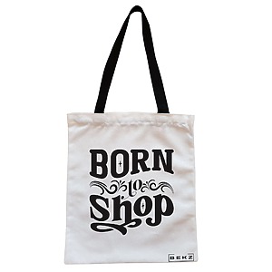 Geanta Canvas Tote pentru femei, model Born to shop, 38x34.5 cm, Alba, BEKZ®