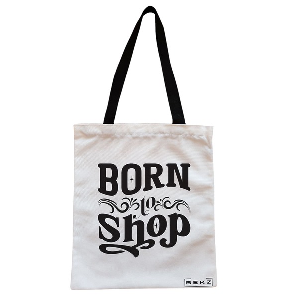 Geanta Canvas Tote pentru femei model Born to shop 38x34.5 cm Alba BEKZ®