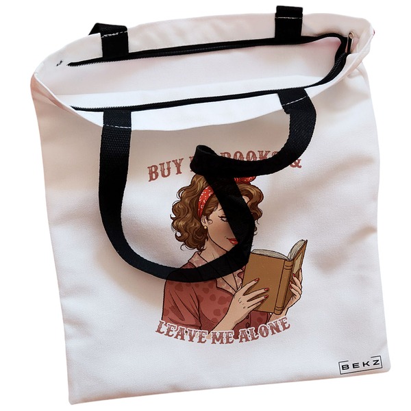 Geanta Canvas Tote pentru femei, model Buy me Books & Leave me Alone, 38x34.5 cm, Alba, BEKZ® 2 Geanta Canvas Tote pentru femei model Buy me Books Leave me Alone 38x34.5 cm Alba BEKZ® 1