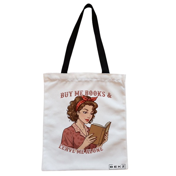 Geanta Canvas Tote pentru femei, model Buy me Books & Leave me Alone, 38x34.5 cm, Alba, BEKZ® 1 Geanta Canvas Tote pentru femei model Buy me Books Leave me Alone 38x34.5 cm Alba BEKZ®