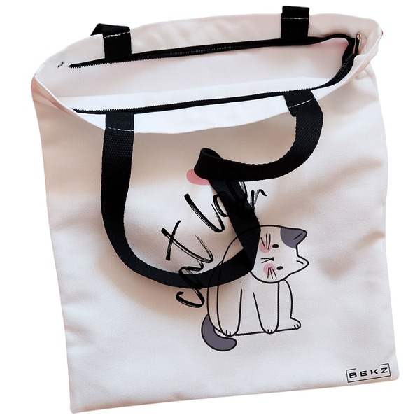 Geanta Canvas Tote pentru femei, model Cat Lover, 38x34.5 cm, Alba, BEKZ® 2 Geanta Canvas Tote pentru femei model Cat Lover 38x34.5 cm Alba BEKZ® 1