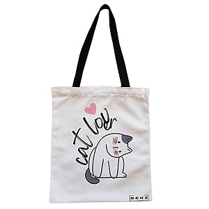 Geanta Canvas Tote pentru femei, model Cat Lover, 38x34.5 cm, Alba, BEKZ®