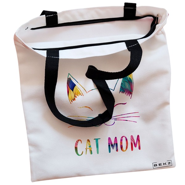 Geanta Canvas Tote pentru femei, model Cat Mom, 38x34.5 cm, Alba, BEKZ® 2 Geanta Canvas Tote pentru femei model Cat Mom 38x34.5 cm Alba BEKZ® 1