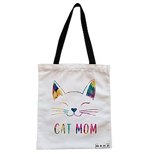 Geanta Canvas Tote pentru femei, model Cat Mom, 38x34.5 cm, Alba, BEKZ®