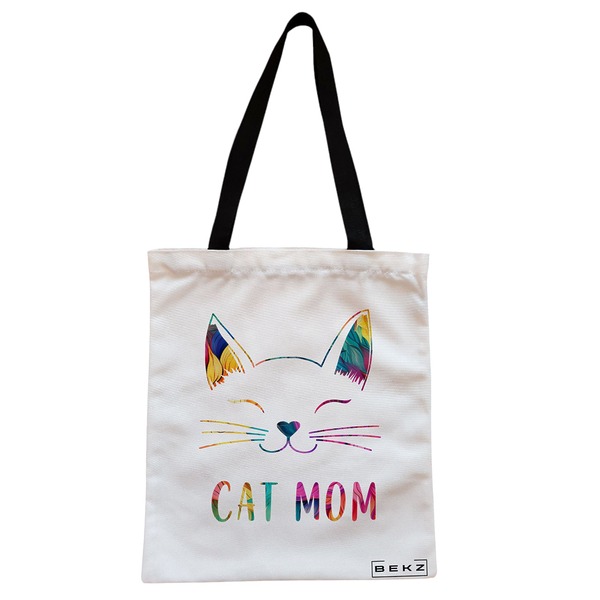 Geanta Canvas Tote pentru femei, model Cat Mom, 38x34.5 cm, Alba, BEKZ® 1 Geanta Canvas Tote pentru femei model Cat Mom 38x34.5 cm Alba BEKZ®
