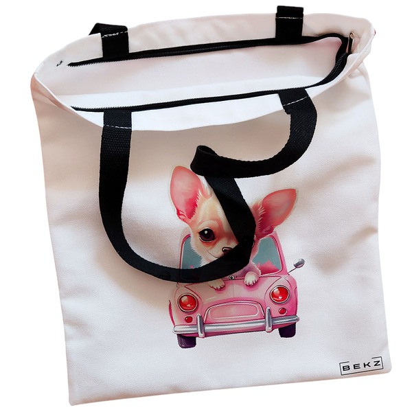 Geanta Canvas Tote pentru femei, model Chihuahua the Driver, 38x34.5 cm, Alba, BEKZ® 2 Geanta Canvas Tote pentru femei model Chihuahua the Driver 38x34.5 cm Alba BEKZ® 1