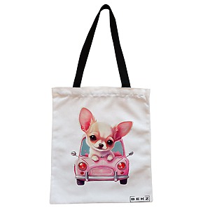 Geanta Canvas Tote pentru femei, model Chihuahua the Driver, 38x34.5 cm, Alba, BEKZ®