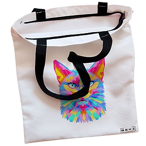 Alternative view of Geanta Canvas Tote pentru femei, model Colorful Geometric Cat, 38x34.5 cm, Alba, BEKZ®