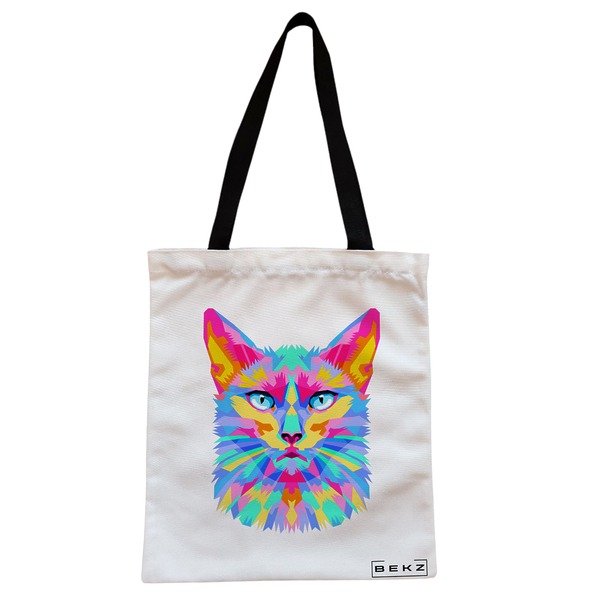 Geanta Canvas Tote pentru femei model Colorful Geometric Cat 38x34.5 cm Alba BEKZ®