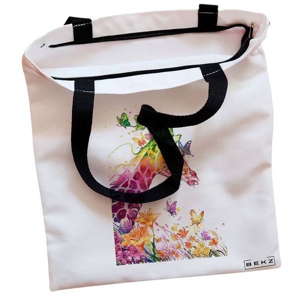 Geanta Canvas Tote pentru femei, model Colorful Giraffe, 38x34.5 cm, Alba, BEKZ® 2 Geanta Canvas Tote pentru femei model Colorful Giraffe 38x34.5 cm Alba BEKZ® 1