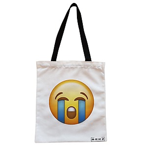 Geanta Canvas Tote pentru femei, model Crying Emoji, 38x34.5 cm, Alba, BEKZ®