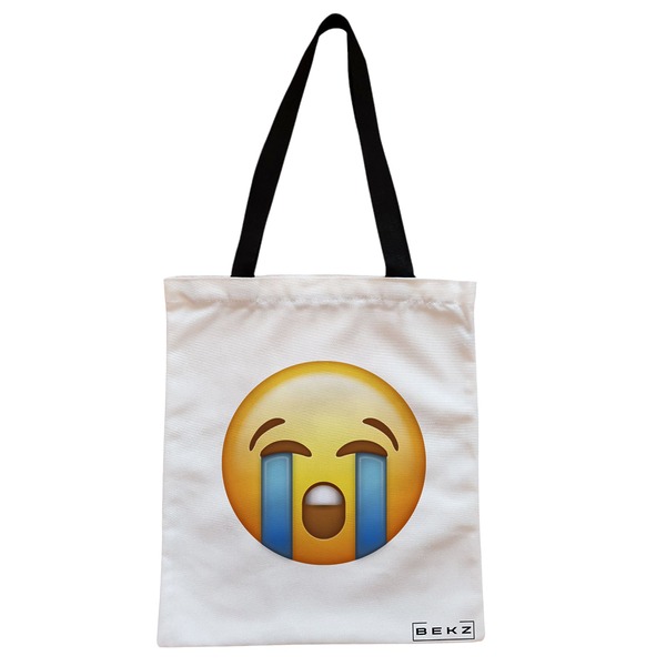 Geanta Canvas Tote pentru femei, model Crying Emoji, 38x34.5 cm, Alba, BEKZ® 1 Geanta Canvas Tote pentru femei model Crying Emoji 38x34.5 cm Alba BEKZ®
