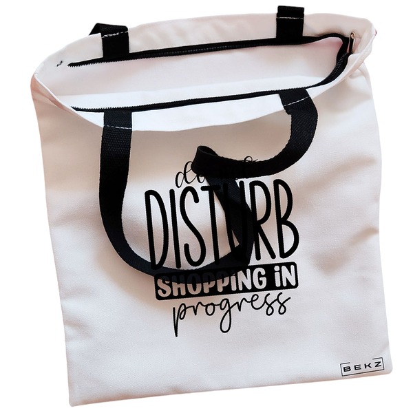 Geanta Canvas Tote pentru femei, model Do not disturb, Shopping in progress, 38x34.5 cm, Alba, BEKZ® 2 Geanta Canvas Tote pentru femei model Do not disturb Shopping in progress 38x34.5 cm Alba BEKZ® 1