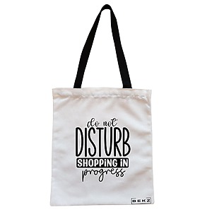 Geanta Canvas Tote pentru femei, model Do not disturb, Shopping in progress, 38x34.5 cm, Alba, BEKZ®