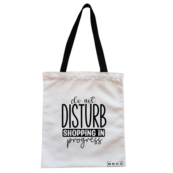 Geanta Canvas Tote pentru femei, model Do not disturb, Shopping in progress, 38x34.5 cm, Alba, BEKZ® 1 Geanta Canvas Tote pentru femei model Do not disturb Shopping in progress 38x34.5 cm Alba BEKZ®