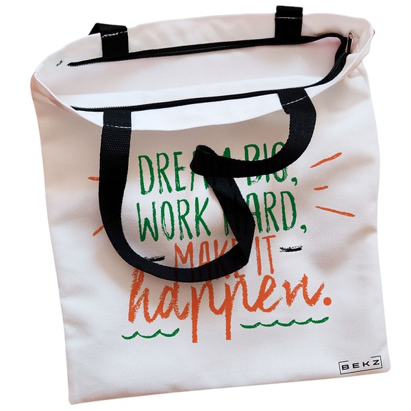 Geanta Canvas Tote pentru femei model Dream Big Work Hard Make it Happen 38x34.5 cm Alba BEKZ® 1