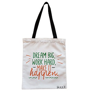 Geanta Canvas Tote pentru femei, model Dream Big, Work Hard, Make it Happen, 38x34.5 cm, Alba, BEKZ®