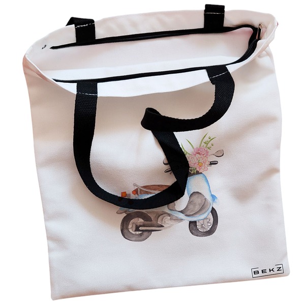 Geanta Canvas Tote pentru femei, model Floral Bike, 38x34.5 cm, Alba, BEKZ® 2 Geanta Canvas Tote pentru femei model Floral Bike 38x34.5 cm Alba BEKZ® 1