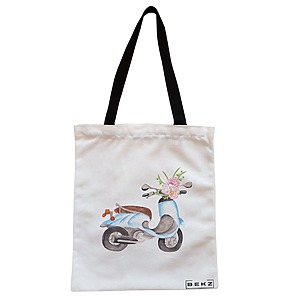 Geanta Canvas Tote pentru femei, model Floral Bike, 38x34.5 cm, Alba, BEKZ®