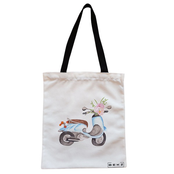 Geanta Canvas Tote pentru femei, model Floral Bike, 38x34.5 cm, Alba, BEKZ® 1 Geanta Canvas Tote pentru femei model Floral Bike 38x34.5 cm Alba BEKZ®