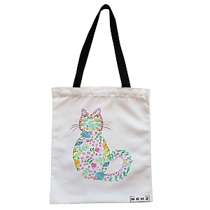 Geanta Canvas Tote pentru femei, model Floral Cat, 38x34.5 cm, Alba, BEKZ®