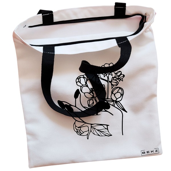 Geanta Canvas Tote pentru femei, model Floral Hand, 38x34.5 cm, Alba, BEKZ® 2 Geanta Canvas Tote pentru femei model Floral Hand 38x34.5 cm Alba BEKZ® 1