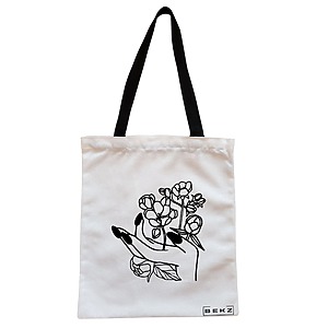 Geanta Canvas Tote pentru femei, model Floral Hand, 38x34.5 cm, Alba, BEKZ®