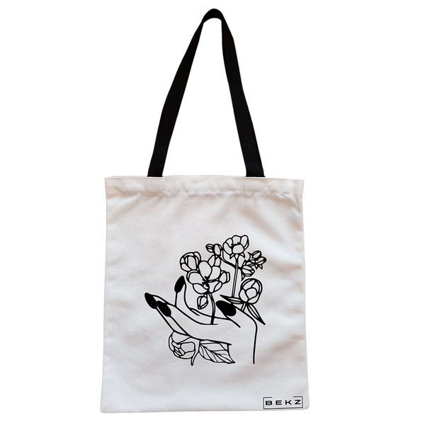 Geanta Canvas Tote pentru femei, model Floral Hand, 38x34.5 cm, Alba, BEKZ® 1 Geanta Canvas Tote pentru femei model Floral Hand 38x34.5 cm Alba BEKZ®