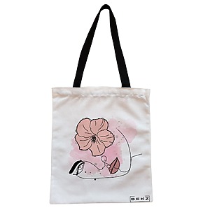 Geanta Canvas Tote pentru femei, model Floral Line, 38x34.5 cm, Alba, BEKZ®