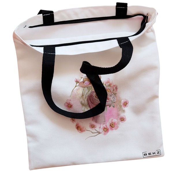 Geanta Canvas Tote pentru femei model Floral Romance 38x34.5 cm Alba BEKZ® 1