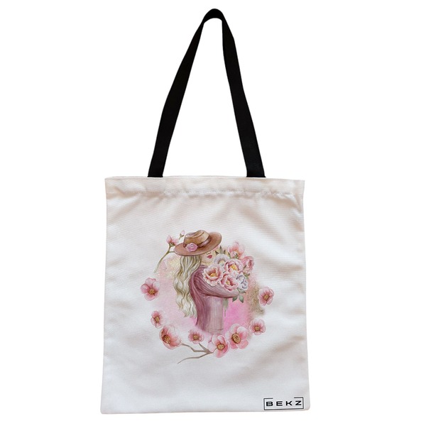 Geanta Canvas Tote pentru femei model Floral Romance 38x34.5 cm Alba BEKZ®