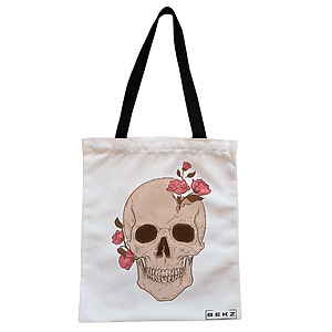 Geanta Canvas Tote pentru femei, model Floral Skull, 38x34.5 cm, Alba, BEKZ®