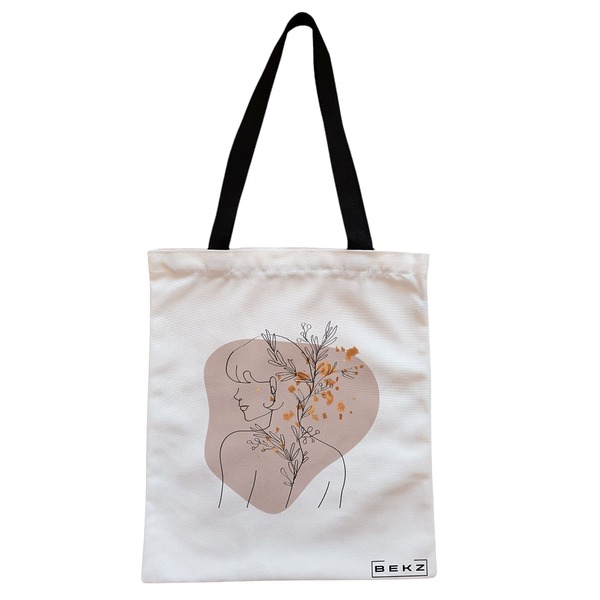 Geanta Canvas Tote pentru femei model Flower Girl 38x34.5 cm Alba BEKZ®