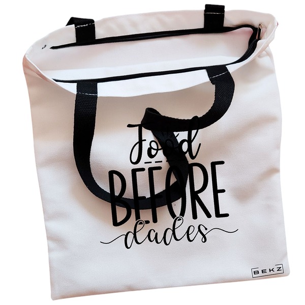 Geanta Canvas Tote pentru femei, model Food before dudes, 38x34.5 cm, Alba, BEKZ® 2 Geanta Canvas Tote pentru femei model Food before dudes 38x34.5 cm Alba BEKZ® 1