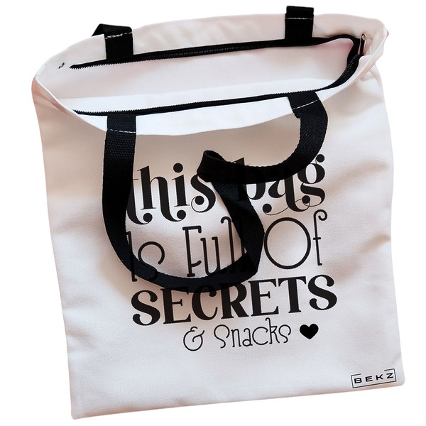 Geanta Canvas Tote pentru femei model Full of secrects and snacks 2 38x34.5 cm Alba BEKZ® 1