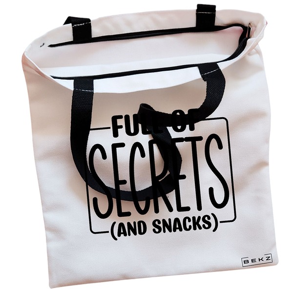 Geanta Canvas Tote pentru femei, model Full of secrects and snacks, 38x34.5 cm, Alba, BEKZ® 2 Geanta Canvas Tote pentru femei model Full of secrects and snacks 38x34.5 cm Alba BEKZ® 1
