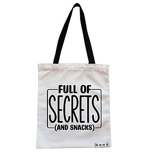 Geanta Canvas Tote pentru femei, model Full of secrects and snacks, 38x34.5 cm, Alba, BEKZ®